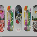 Vibrant Graphic Skateboards with Floral Prints Colorful Stripes Statue Design and Limited Logo