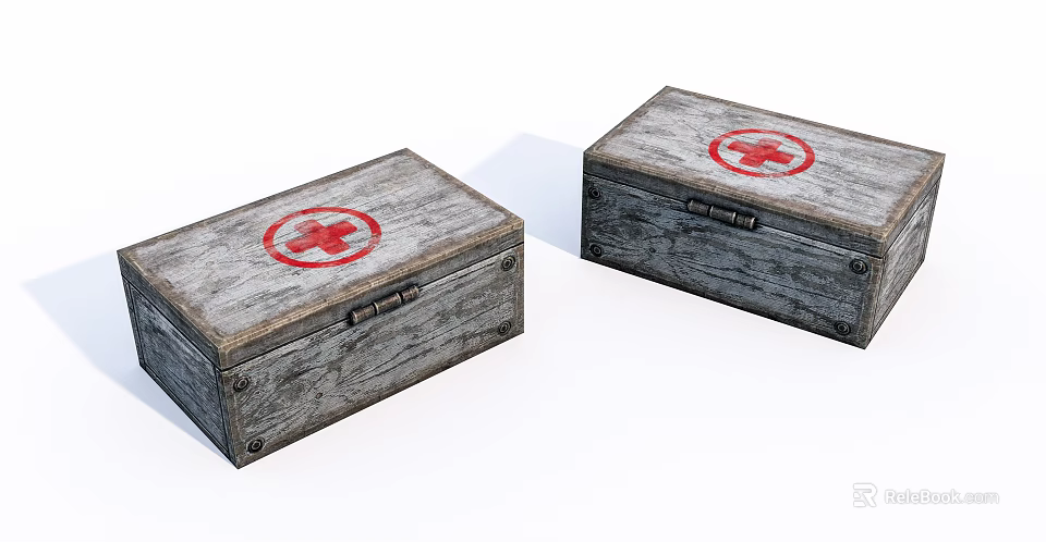 Pair of Vintage Medical Equipment Wooden Boxes With Red Cross Symbols 3d model 