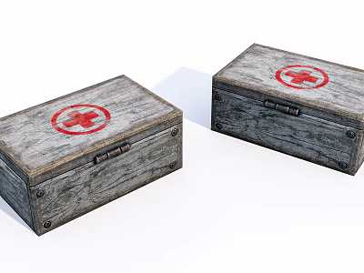 Pair of Vintage Medical Equipment Wooden Boxes With Red Cross Symbols 3d model