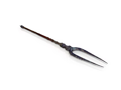 Ancient Decorative Trident Weapon With Intricate Carved Handle And Metal Prongs 3d model