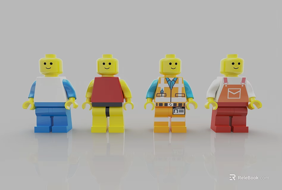 Four Lego Dolls With Yellow Heads Smiling Faces And Different Colored Outfits 3d model 