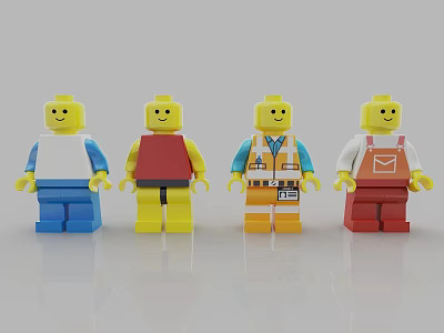 Four Lego Dolls With Yellow Heads Smiling Faces And Different Colored Outfits 3d model