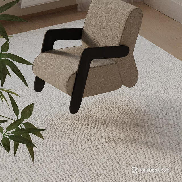 Beige Fabric Leisure Chair With Dark Wooden Armrests On Soft Rug And Green Plant 3d model 