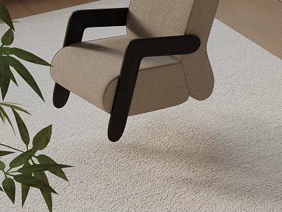 Beige Fabric Leisure Chair With Dark Wooden Armrests On Soft Rug And Green Plant 3d model