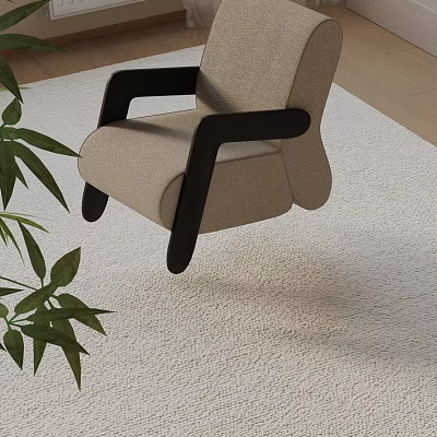 Beige Fabric Leisure Chair With Dark Wooden Armrests On Soft Rug And Green Plant 3d model