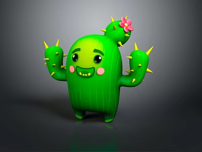 Cute Green Cartoon Cactus Game And Movie Character With Smiling Face Pink Flower Yellow Spines 3d model