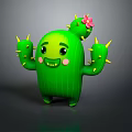Cute Green Cartoon Cactus Game And Movie Character With Smiling Face Pink Flower Yellow Spines