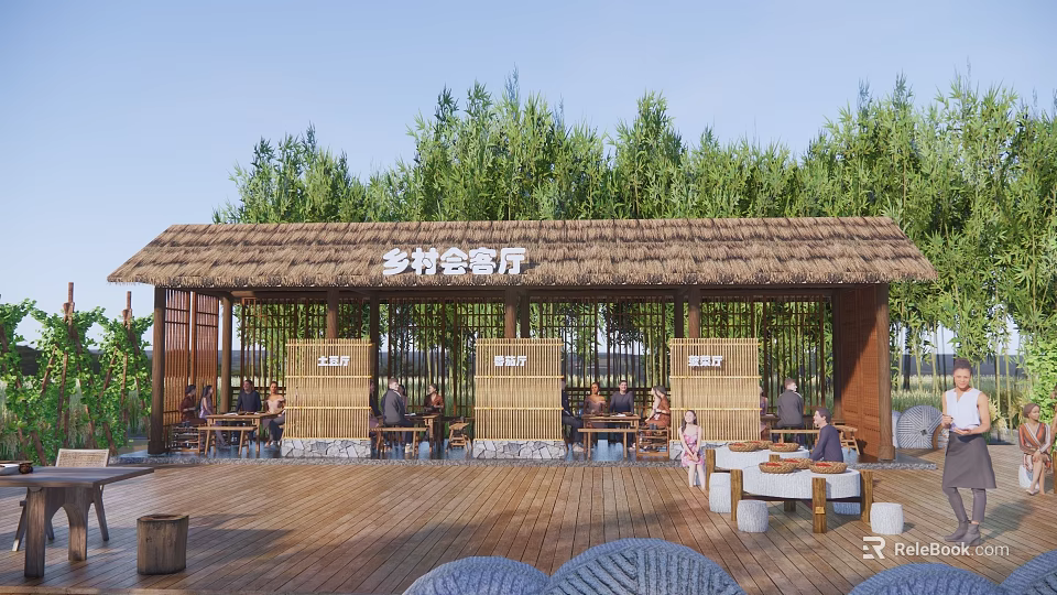Rustic Commercial Street With Thatched Roof Bamboo Structure Hall Wooden Deck For Dining Relaxing 3d model 