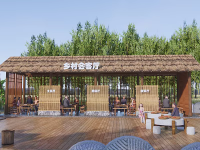 Rustic Commercial Street With Thatched Roof Bamboo Structure Hall Wooden Deck For Dining Relaxing 3d model