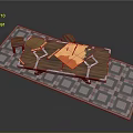 Wooden Tabletop Structure On Gray Checkered Rug With Orange Mat And Supports
