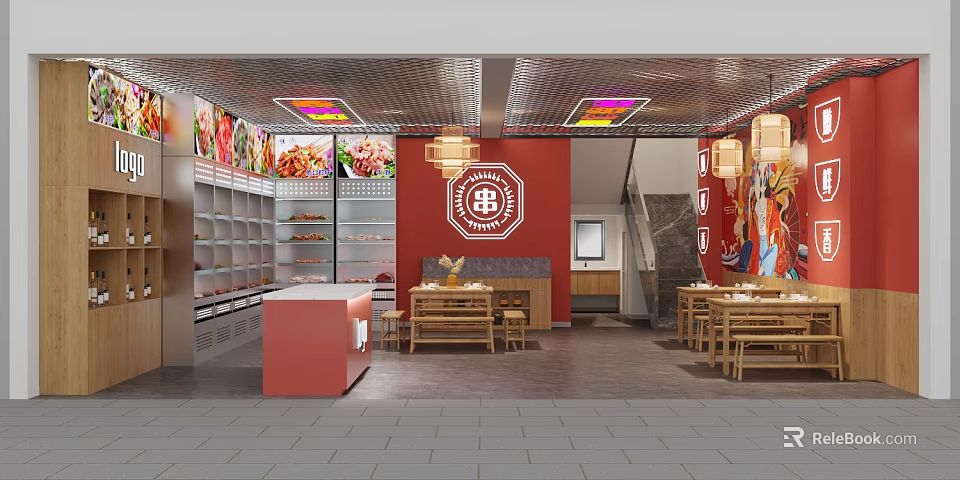Colorful Food Specialty Store With Red Walls Logo Pendant Lights Shelves Display Cabinets Tables Chairs 3d model 