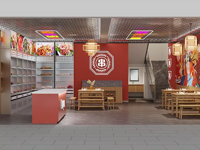 Colorful Food Specialty Store With Red Walls Logo Pendant Lights Shelves Display Cabinets Tables Chairs 3d model