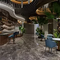 Modern Cafe Interior Design With Bar Counter Bar Stools Wine Racks And Decorative Plants