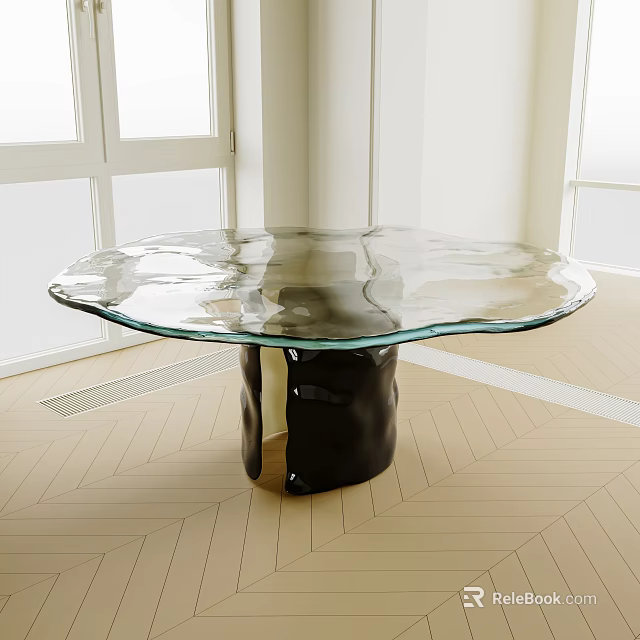 Modern Irregular Transparent Glass Top Coffee Table With Black Base In Room Interior 3d model 