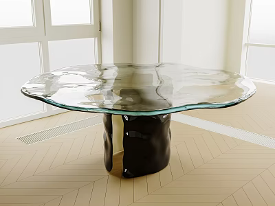 Modern Irregular Transparent Glass Top Coffee Table With Black Base In Room Interior 3d model