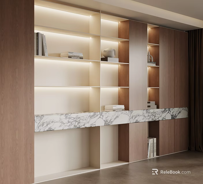 Modern Wooden Bookcase With Built in Lighting And Marble Countertop In Contemporary Interior 3d model 