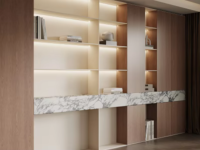 Modern Wooden Bookcase With Built in Lighting And Marble Countertop In Contemporary Interior 3d model