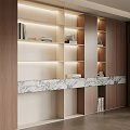 Modern Wooden Bookcase With Built in Lighting And Marble Countertop In Contemporary Interior