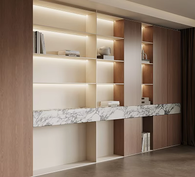 Modern Wooden Bookcase With Built in Lighting And Marble Countertop In Contemporary Interior 3d model