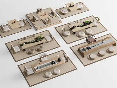 Modern Minimalist Wooden Tea Table And Chairs With Round Cushions On Carpet 3d model