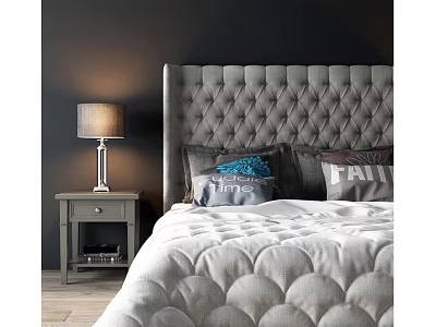 Luxurious Double Bed with Grey Tufted Headboard Decorative Pillows and Nightstand Lamp 3d model