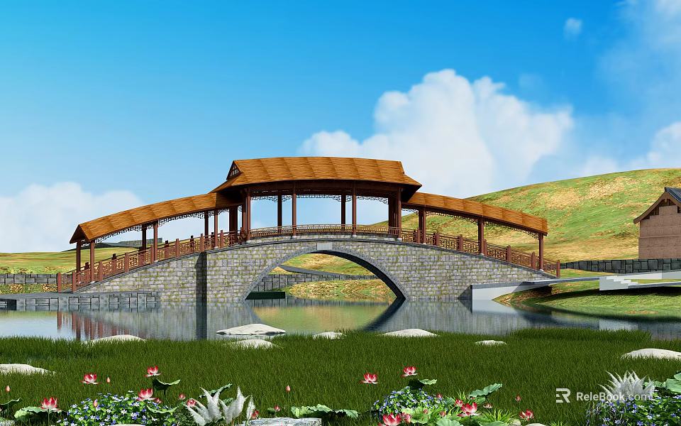Stone Arch Bridge With Wooden Pavilion Roof Over Lake And Grassland With Lotus Flowers 3d model 