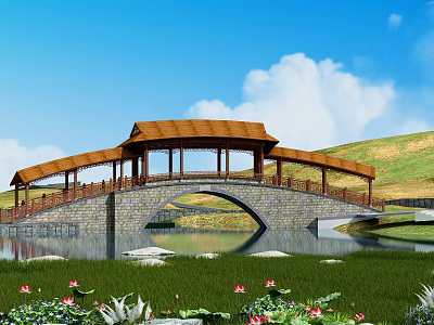 Stone Arch Bridge With Wooden Pavilion Roof Over Lake And Grassland With Lotus Flowers 3d model