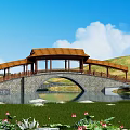 Stone Arch Bridge With Wooden Pavilion Roof Over Lake And Grassland With Lotus Flowers