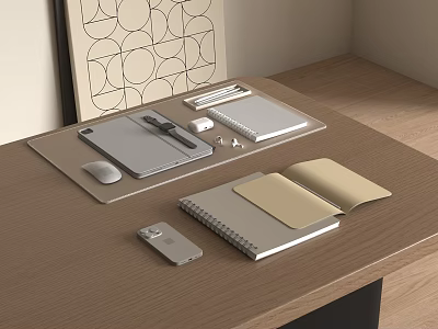 Modern Wooden Desk Decorative Accessory Set With Tablet Mouse Pen Notebooks Cellphone And Geometric Art 3d model