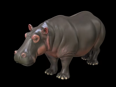 Realistic Reptile Hippopotamus 3D Model With Gray Black Skin And Pink Facial Features 3d model