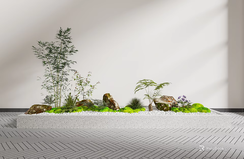 Serene Miniature Garden Design With Bamboo Ferns Rocks And Green Moss On Herringbone Pavement 3d model 