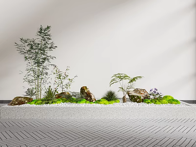 Serene Miniature Garden Design With Bamboo Ferns Rocks And Green Moss On Herringbone Pavement 3d model