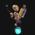 Yellow Black Robot Character With Mechanical Design Holding Large Weapon On Glowing Blue Sphere