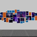 Modern Photo Wall With Blue And Orange Frames Featuring Tech Themed Images On White Wall