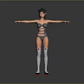 Woman With Arms Outstretched In Gray Bodysuit Headphones And Striped Stockings On Roller Skates
