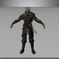 Warrior Character With Silver Helmet Dark Armor Leather Straps And Standing Pose Design 3d model