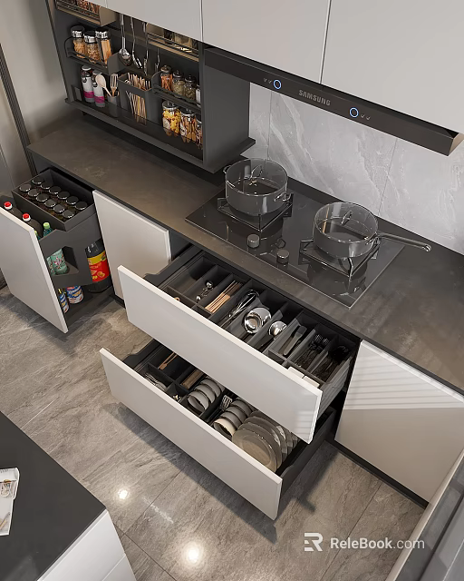Modern Kitchen Interior With Organized Cookware Open Drawers Knives Dishes And Cabinets 3d model 
