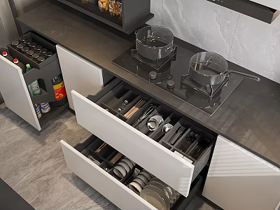 Modern Kitchen Interior With Organized Cookware Open Drawers Knives Dishes And Cabinets 3d model