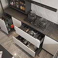 Modern Kitchen Interior With Organized Cookware Open Drawers Knives Dishes And Cabinets