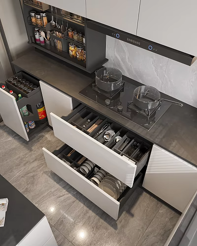 Modern Kitchen Interior With Organized Cookware Open Drawers Knives Dishes And Cabinets 3d model