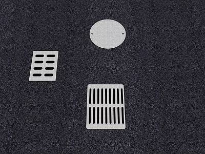 Various Stainless Steel Drain Grates And Covers On Dark Textured Surface 3d model