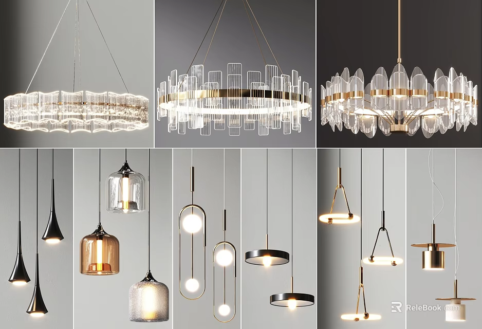 Modern Stylish Chandeliers With Unique Hanging Designs And Transparent Metal Elements 3d model 