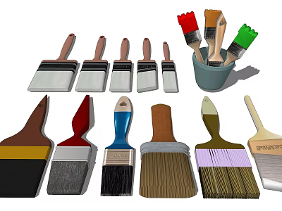 Various Household Cleaning Brushes In Different Sizes And Colors With Bucket 3d model