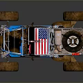 Modified Off Road Racing Car With American Flag And Muddy Exterior