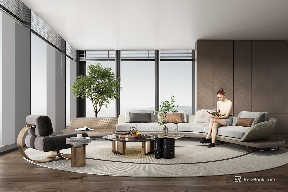Modern Living Room Interior Design With Large Windows Sofa Coffee Table And Green Plants 3d model 