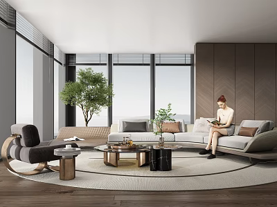 Modern Living Room Interior Design With Large Windows Sofa Coffee Table And Green Plants 3d model