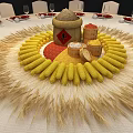 Elegant Round Dining Table Set with White Tablecloth Red Decorative Patterns and Yellow Centerpiece 3d model