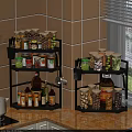 Black Kitchen Corner Racks Filled With Spice Jars And Condiment Bottles 3d model
