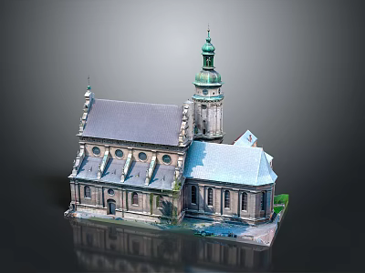 Cartoon Style Church Building Scene With Green Spire Gray Roof And Arched Windows 3d model
