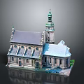 Cartoon Style Church Building Scene With Green Spire Gray Roof And Arched Windows